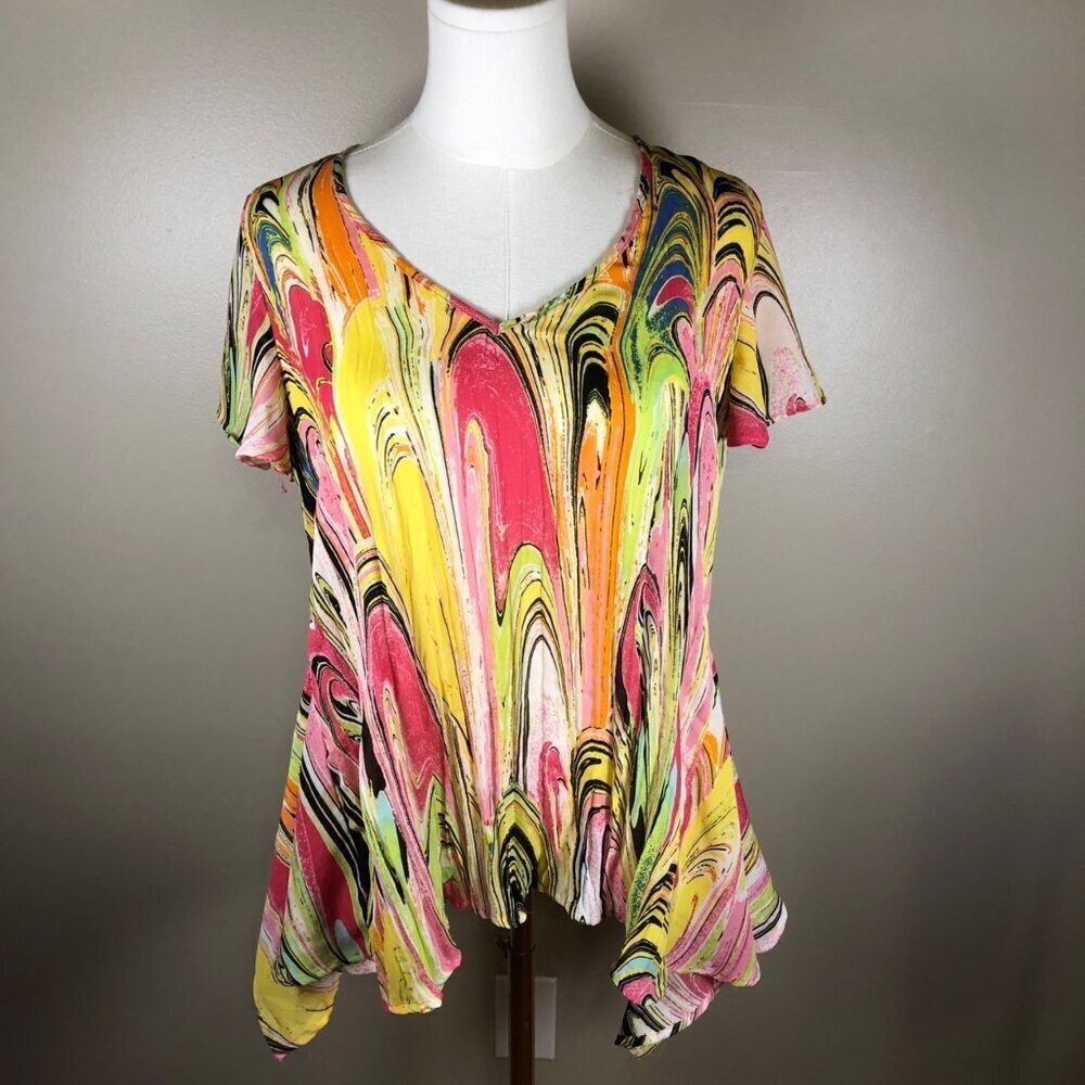 Melissa Paige Colorful V-Neck Short Sleeve Abstract Print Top Size S